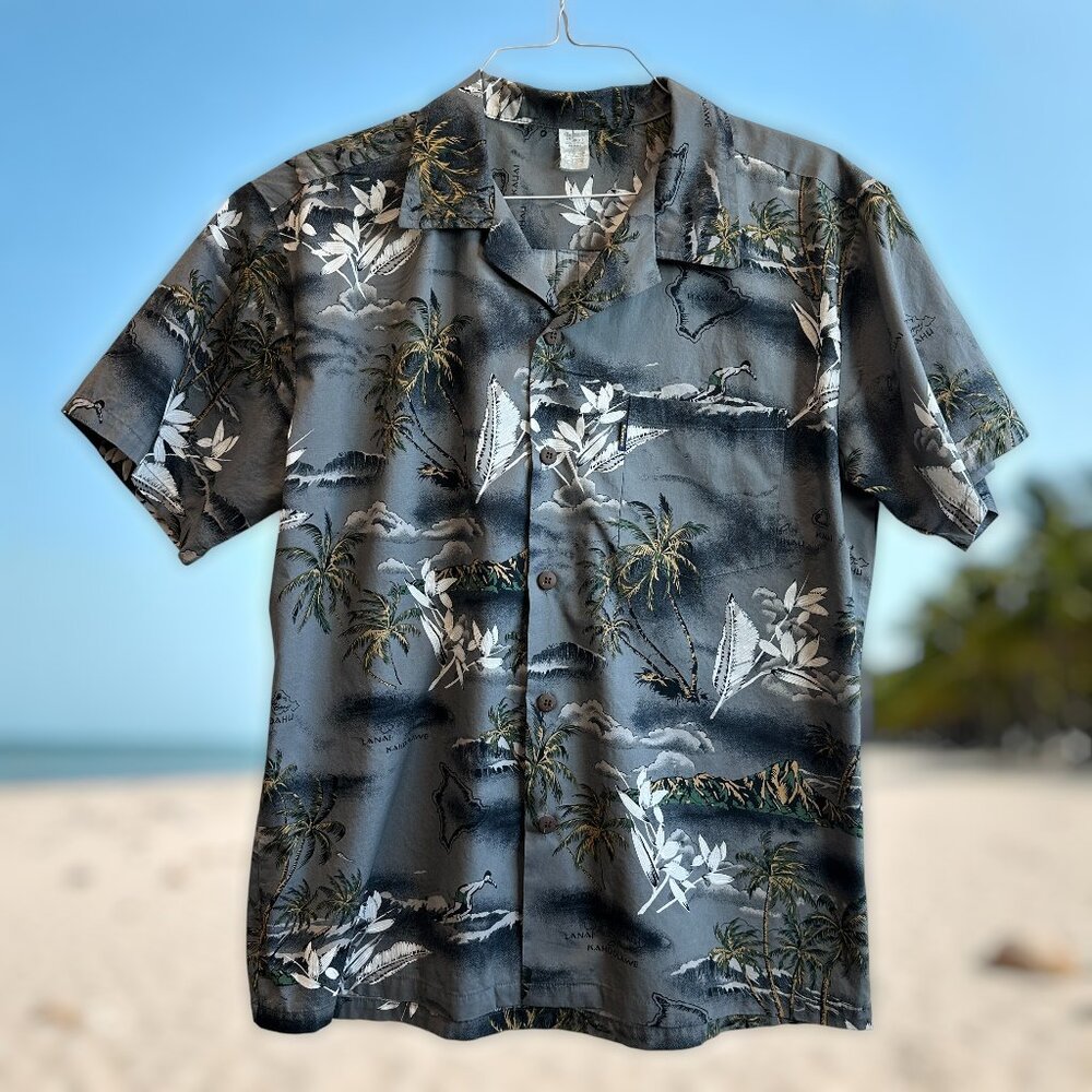 VTG 90s Palmwave‎ Hawaii Map Aloha Shirt, XL, Gray, Cotton Tropical Print!